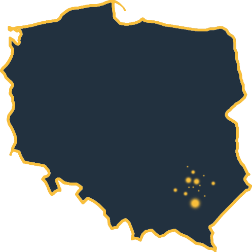 Mapa Polski z zaznaczonymi miejscowościami: Rzeszów, Stalowa Wola, Tarnobrzeg, Mielec, Sandomierz, Nisko, Nowa Dęba...